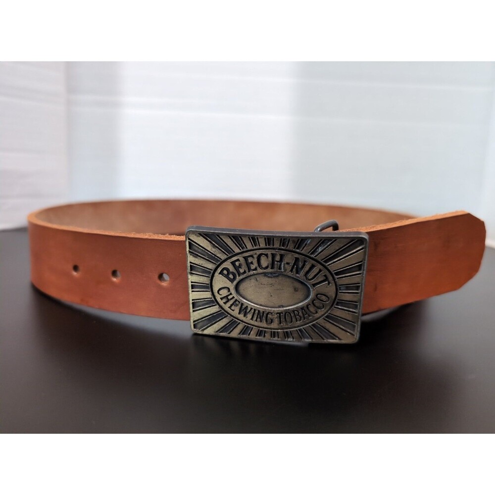 VINTAGE BEECH NUT TOBACCO LOGO BUCKLE LDL MARK W/LEATHER BELT MENS SZ 33 GVC